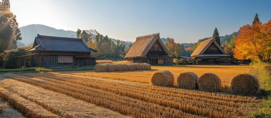 Historic Japanese Village with Traditional Thatched Roofs and Rice Fields