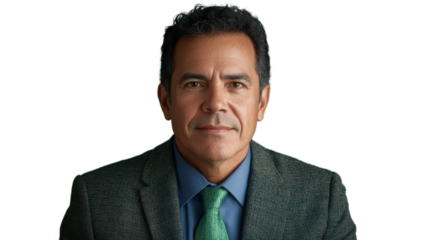 Confident hispanic businessman posing on transparent background