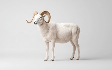 Fototapeta premium A majestic big-horned sheep standing proudly on a pure white background, captured in ultra-realistic detail.
