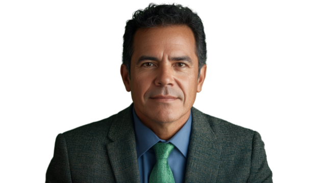 Confident hispanic businessman posing on transparent background