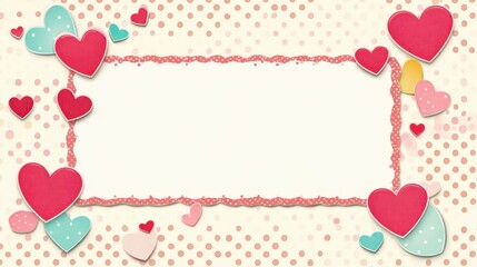 Valentine's Day background cute pink and red hearts border frame on a pastel polka dots pattern empty space backdrop	