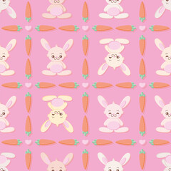 Kawaii bunnies, carrots and hearts vector repeat pattern. Cute eastern seamless illustration background.