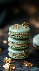 Green-tinted macarons with edible gold leaf decorations. pic
