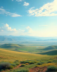 a vast, rolling landscape of hills and fields stretching towards distant mountains under a bright blue sky with scattered clouds