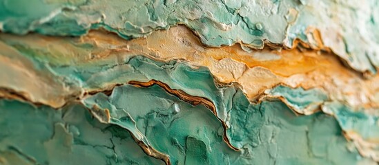Close-up of textured abstract painting with teal and orange tones featuring layered brush strokes