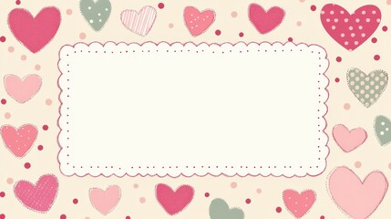 Valentine's Day background cute pink and red hearts border frame on a pastel polka dots pattern empty space backdrop	