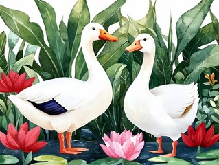 Obraz premium Earth day watercolor concept. Two elegant white ducks surrounded by lush greenery and lotus flowers.