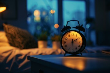 Alarm clock is glowing on a nightstand, indicating it's late at night