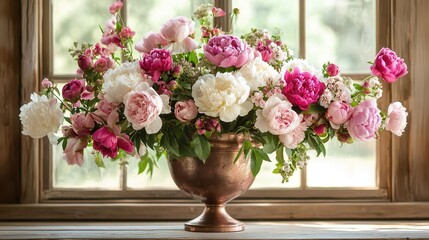 Obraz premium spring garden arrangement with fresh peonies and garden roses in antique copper vase, soft natural light streaming through window, romantic vintage setting