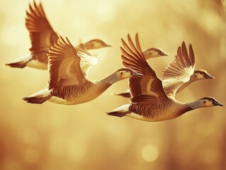 Migratory birds flying in formation over wetlands, their glowing outlines representing their role in spreading avian diseases. The peaceful setting contrasts with the risks they carry 