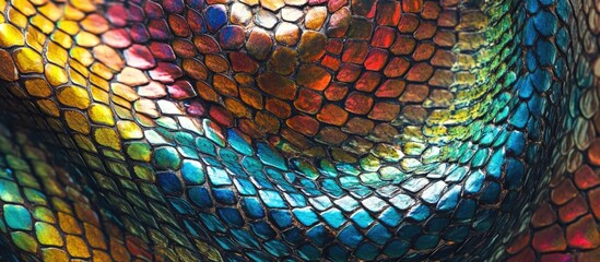 Close-up view of vibrant multicolored snake scales with intricate pattern