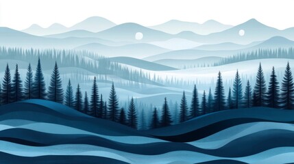 Fototapeta premium Serene Blue Mountain Landscape with Misty Forest