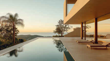 Fototapeta premium A modern terrace with an infinity pool overlooks a breathtaking coastal view bathed in soft evening light, merging minimalist design with sublime nature.