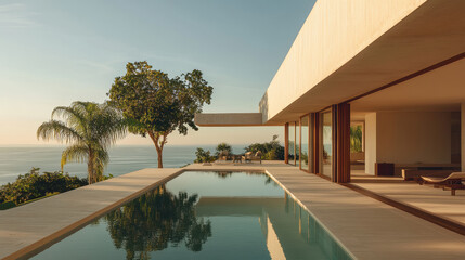 Fototapeta premium Infinity pool stretches alongside a minimalist house, capturing sweeping ocean views as warm golden light bathes the scene in tranquility and opulence.
