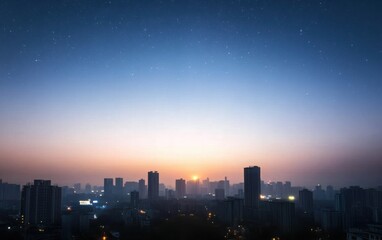 Obraz premium A wide-angle shot of a bustling metropolis at dusk, featuring a clear twilight sky transitioning from deep blue to soft purple. 