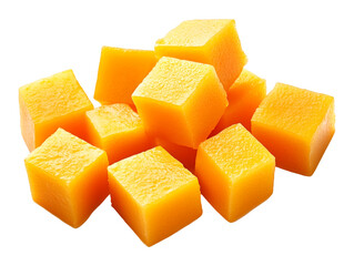 Freshly cut mango cubes with a vibrant yellow hue isolated on transparent background, PNG, cut out