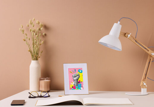 Vertical photo frame on a desktop