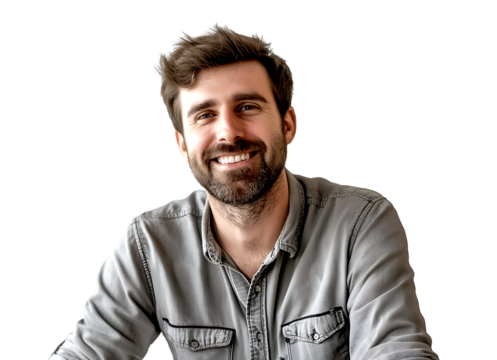 Smiling man with beard and gray shirt looks at the camera with warm expression and cheerful demeanor, isolated on transparent background, PNG, cut out