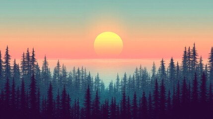 Peaceful Sunset Over a Forest and Calm Water