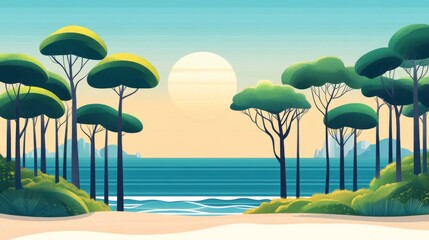 Obraz premium Serene Sunset Seascape with Lush Pine Trees