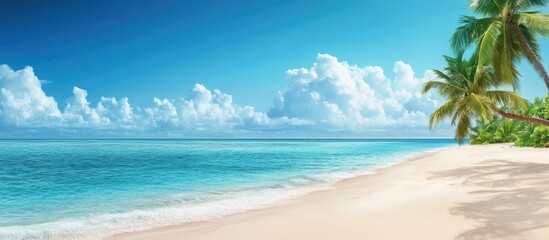 Tropical Beach with Palm Trees and Blue Ocean Under Clear Sky