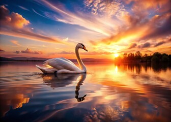 Fototapeta premium Graceful Swan Sunset Lake Double Exposure - Serene Wildlife Photography