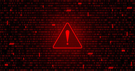 red binary numbers falling matrix corrupted data with hazard sign to warning or danger about cyber attack or hacking network