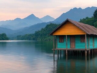 Fototapeta premium Sustainable fishing adventures at a serene riverside retreat nature's beauty warm tones group experience