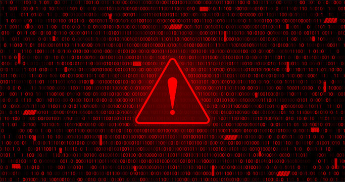red binary numbers falling matrix corrupted data with hazard sign to warning or danger about cyber attack or hacking network