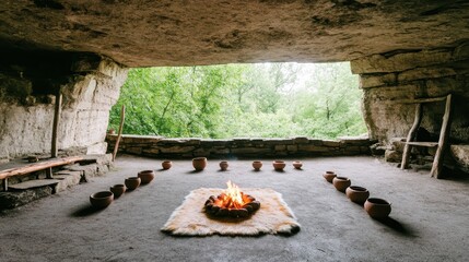 Ancient cave setting with fire and pottery.