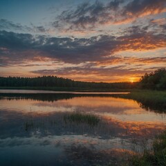 Fototapeta premium Capture a serene lake reflecting the sky at sunrise or sunset.