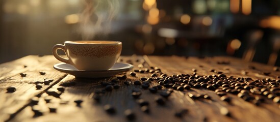 Steaming coffee cup on rustic wooden table with scattered coffee beans in warm ambient light