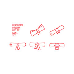 Diploma icons set. Certificate graduation roll symbol. Charter roll up design illustration. Graduate sign.