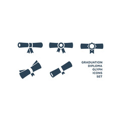Diploma icons set. Certificate graduation roll symbol. Charter roll up design illustration. Graduate sign.