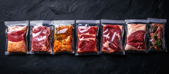 Vacuum-sealed packets of various marinated meats on dark textured background