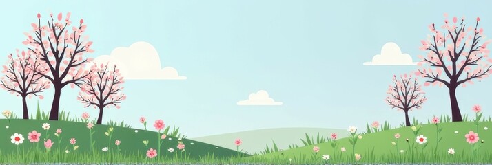 Spring landscape with cherry blossom trees and flowers on rolling hills