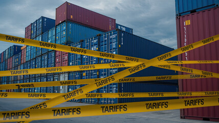 American tariffs. Cargo Containers in Port with Yellow 'TARIFFS' Caution Tapes and American Flag Design, Overcast Sky Background. Conceptual image of tariffs