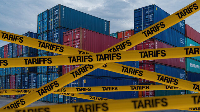 American tariffs. Cargo Containers in Port with Yellow 'TARIFFS' Caution Tapes and American Flag Design, Overcast Sky Background. Conceptual image of tariffs