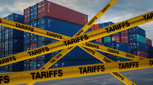 American tariffs. Cargo Containers in Port with Yellow 'TARIFFS' Caution Tapes and American Flag Design, Overcast Sky Background. Conceptual image of tariffs