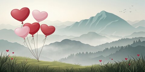 Heart Balloons Over Misty Mountains: Romantic illustration of heart-shaped balloons floating over a misty mountain range, symbolizing love, adventure, and dreams.