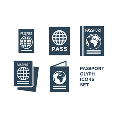 Passport icons set, foreign visa, document, arrival, customs house concept, citizenship, immigration, travelling vector logo isolated illustration.