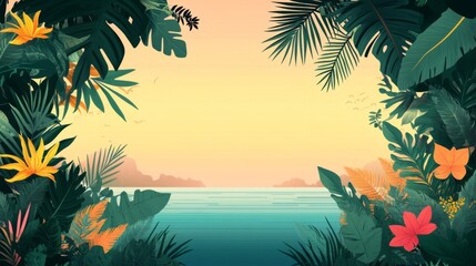 Naklejka premium Tropical Sunset Ocean View with Lush Green Foliage