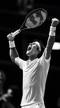 83. A tennis player celebrating after winning a match point