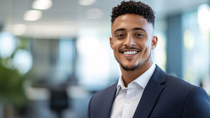 Fototapeta premium Smiling business professional in modern office setting, showcasing confidence and teamwork