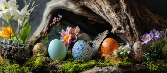 Colorful Easter eggs with flowers and moss on rustic wooden background