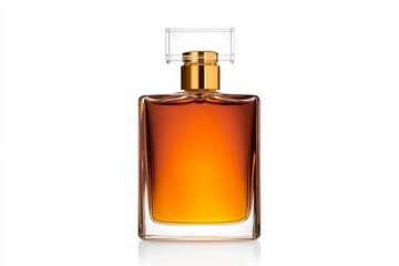 A sleek glass perfume bottle filled with a warm amber liquid, featuring a simple design and a golden cap, set against a clean white background.