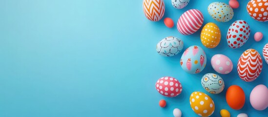 Colorful decorated Easter eggs on blue background with copy space