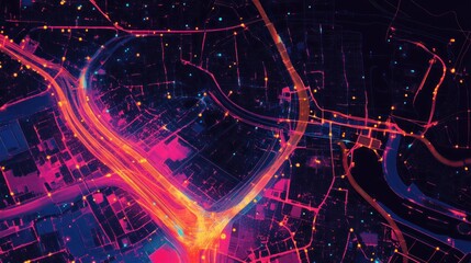 Obraz premium Neon Cityscape Aerial View Highway Intersection