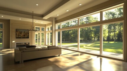 Large unfinished living room with open framing and natural light through large windows.