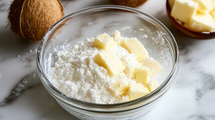 Bowl of coconut flour and butter on marble surface surrounded by whole coconuts and butter pieces